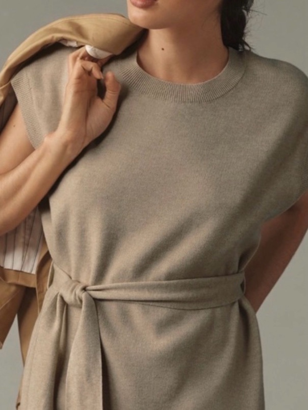 Maeve Sleeveless Knit Tunic with Self-Tie Belt in Taupe Anthropologie